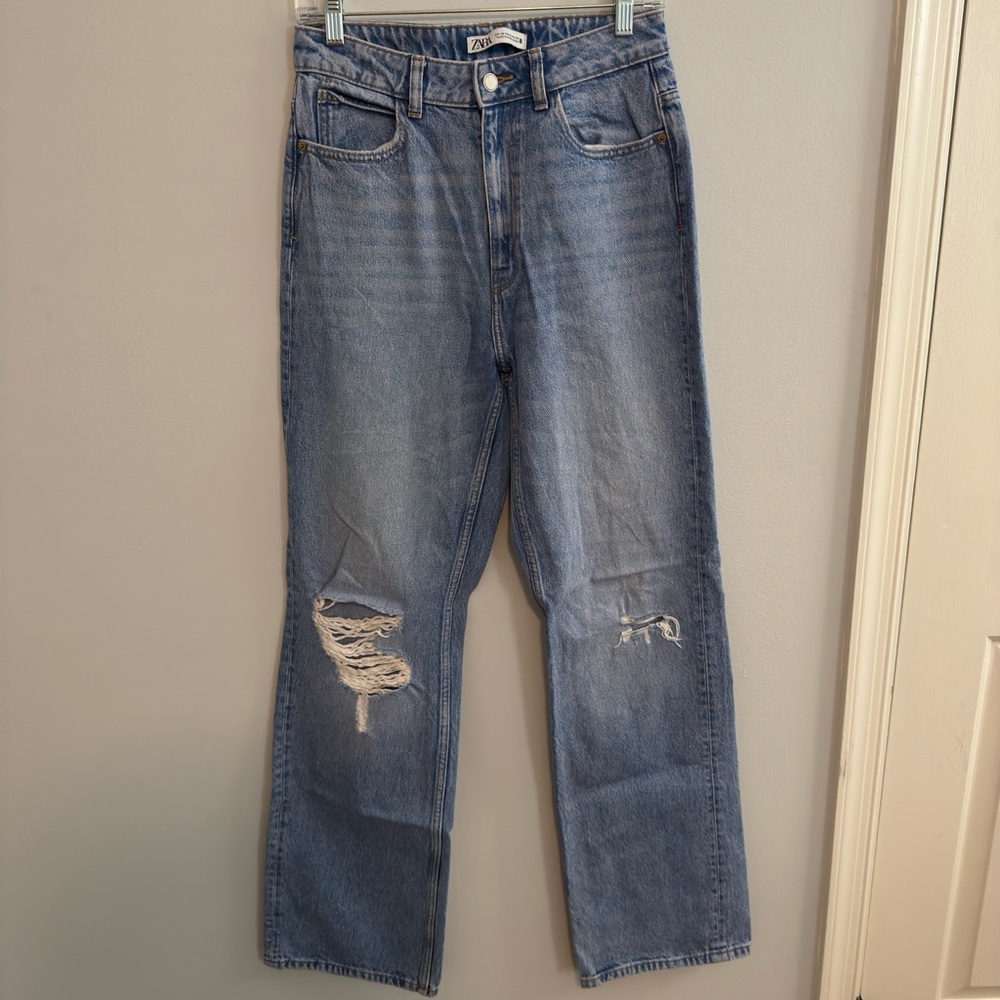 Zara Blue Straight-Leg Jeans with Distressed Details